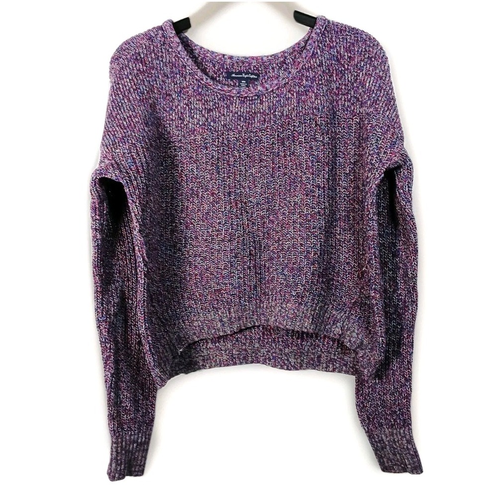 American Eagle Womens Y2K Retro Cropped Purple Boho Sweater Medium Chunky Knit